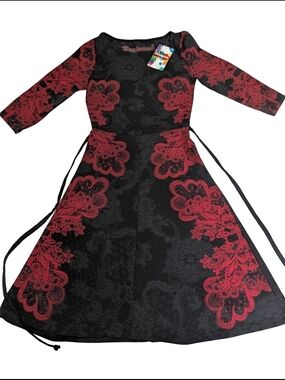 Desigual Black and Red Floral Fit-and-Flare Dress